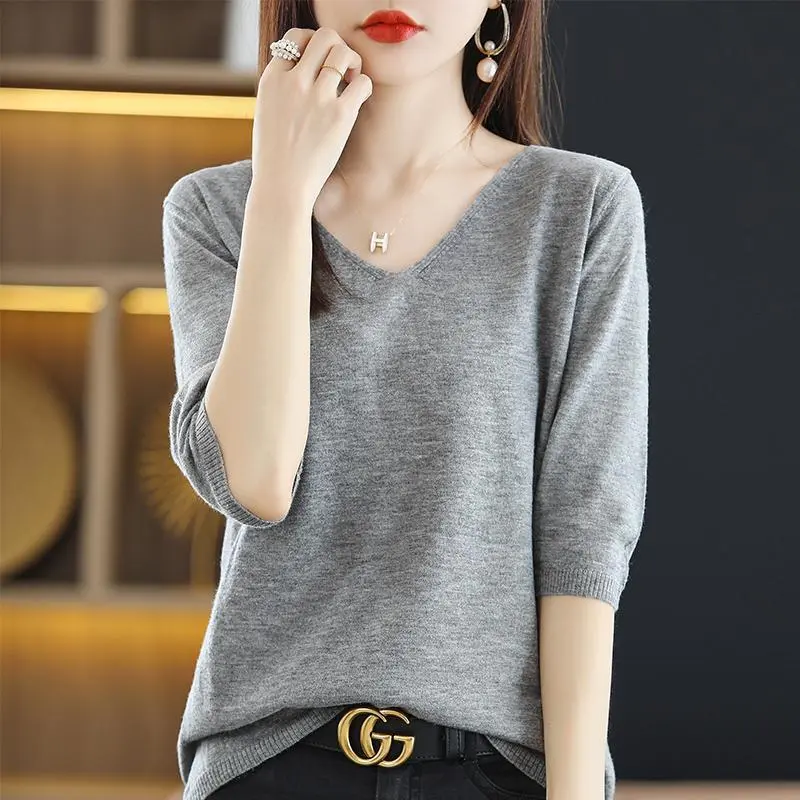 Áo Chui Đầu Cổ Chữ V, Tay Lửng, Mùa Xuân Và Mùa Hè Mới, Áo Sơ Mi Nữ, Phong Cách Hàn Quốc, Dáng Rộng Vừa Vặn, Áo Thun Len Dệt Kim Phong Cách Phương Tây, Áo Sơ Mi Nữ, Mỏng, Quần Áo Nữ Women Top 3