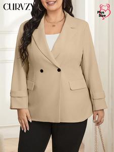 CURVZY Plus Size Double Button Lapel Neckline Blazer, Elegant Long Sleeve Outerwear for Work Office Business, Women's Clothes for Spring & Fall