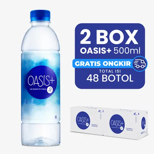 2 Box Oasis+ 500ml (Total 48 Botol). Minuman berkualitas tinggi untuk menjaga kesehatan tubuh. Air Mineral Ph tinggi.
