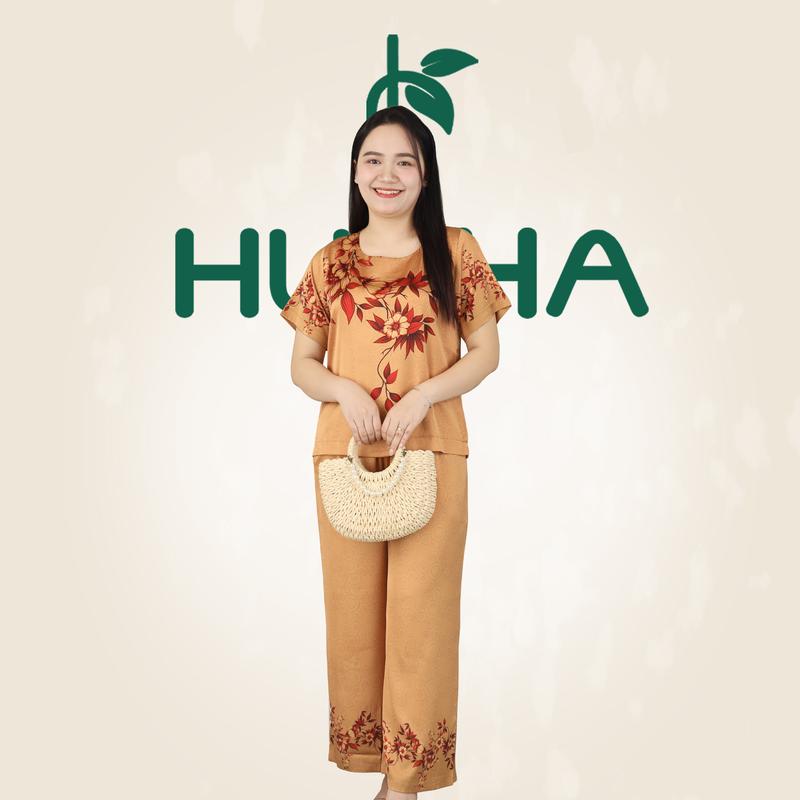 Lụa 32 - Đồ bộ trung niên HUY HÀ, lụa tơ tăm, áo cổ tròn - quần ống rộng 9t 0