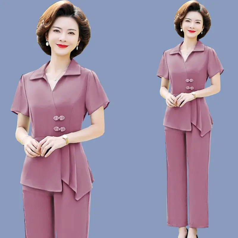 Bộ Đồ Mùa Hè Cho Mẹ, Màu Trơn Thời Trang, Che Bụng, Dành Cho Phụ Nữ Trung Người Già Và Cao Tuổi, Phong Cách Thanh Niên Bó Sát, Nhìn Trẻ Trung, Phong Cách Phương Tây, Bộ Đồ Hai Mảnh, 2024 Hàng Mới Về