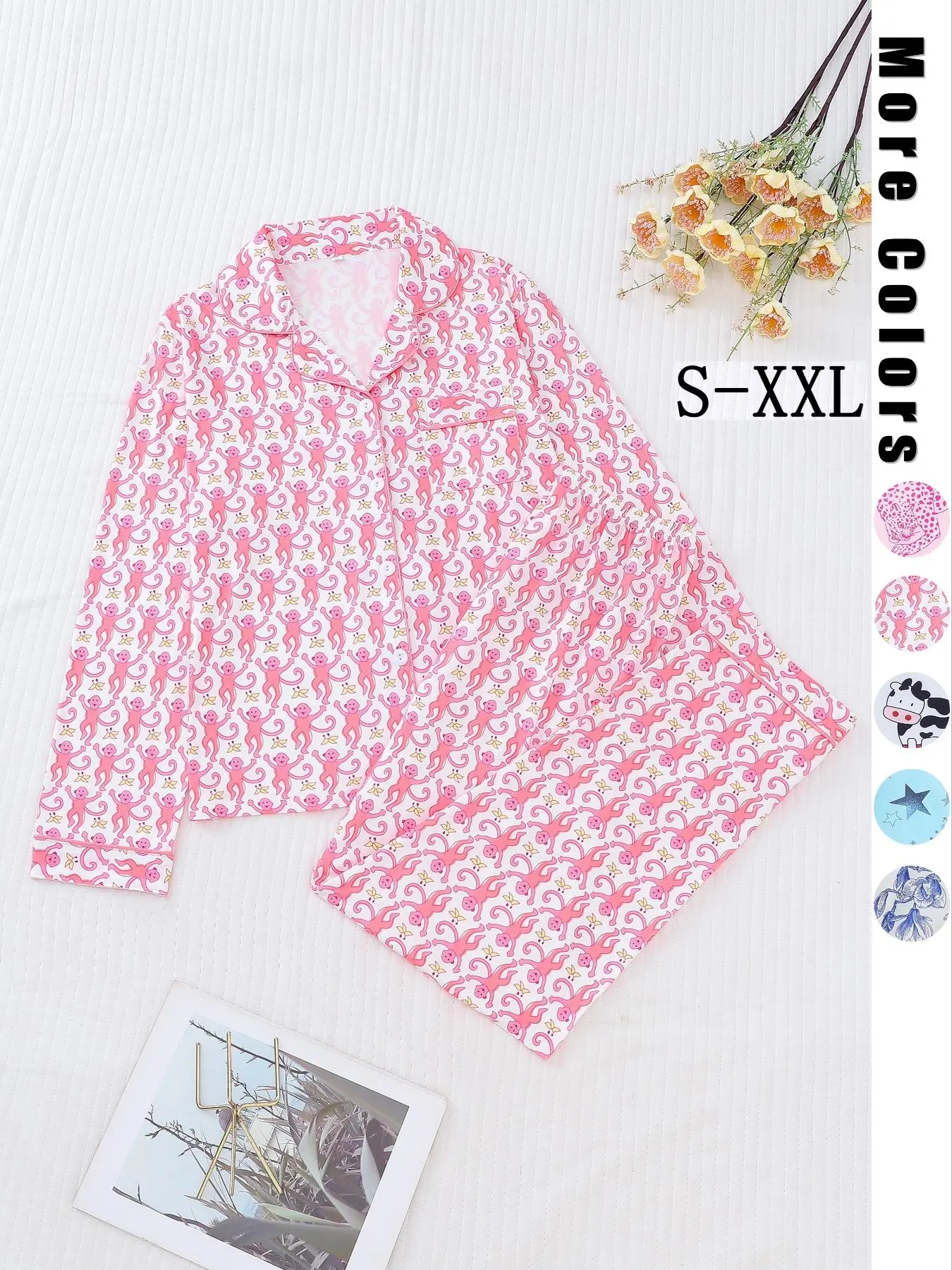 Two-piece Set Women's All Over Print Lapel Neck Pocket Shirt & Elastic Waist Pants Pyjama, Casual Comfy Long Sleeve Button Up Top & Trousers Pj Set, Women's Sleepwear for Spring & Fall, Pyjamas for Women