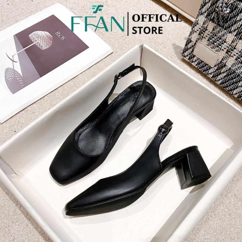 Giày nữ hở gót mũi vuông đế vuông da thật FFAN mềm mại cao gót bít mũi quai cài màu đen 3 5 7 phân big size