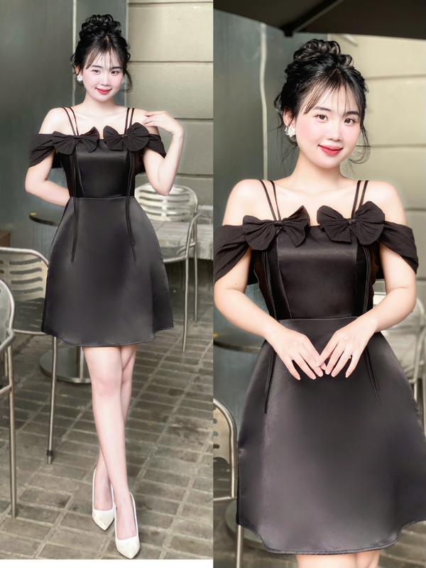 Váy Dự Tiệc Trễ Vai Phối Tơ Nến Đính Nơ Dây Viền Tùng Ngắn Chất Liệu Tapta Màu Trắng Đen Size XS S M L XL Sang Trọng Sành Điệu Thời Thượng