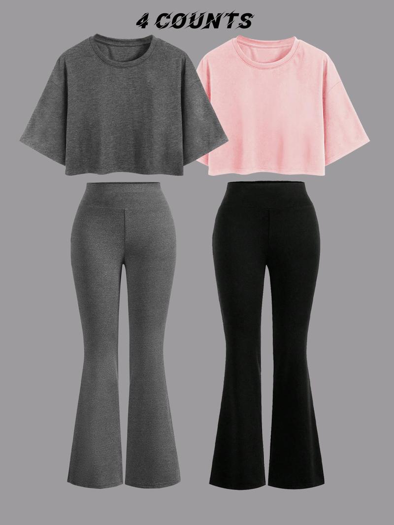 Product Introduction of Women's Solid Color Top & Flare Leg Pants Matching Set, Casual Fashion Cozy Round Neck Top & Bell Bottom Trousers for Daily Outdoor Wear, Ladies Summer Clothes 5