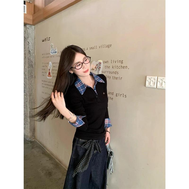 Áo Sơ Mi Lớp Nền Thiết Kế Đẹp Giả Hai Lớp, Họa Tiết Kẻ Sọc, Màu Tương Phản, Áo Len Polo, Áo Áo Chui Đầu Mùa Thu Cho Nữ, Áo Dài Tay, Hàng Mới Về, 2024 5