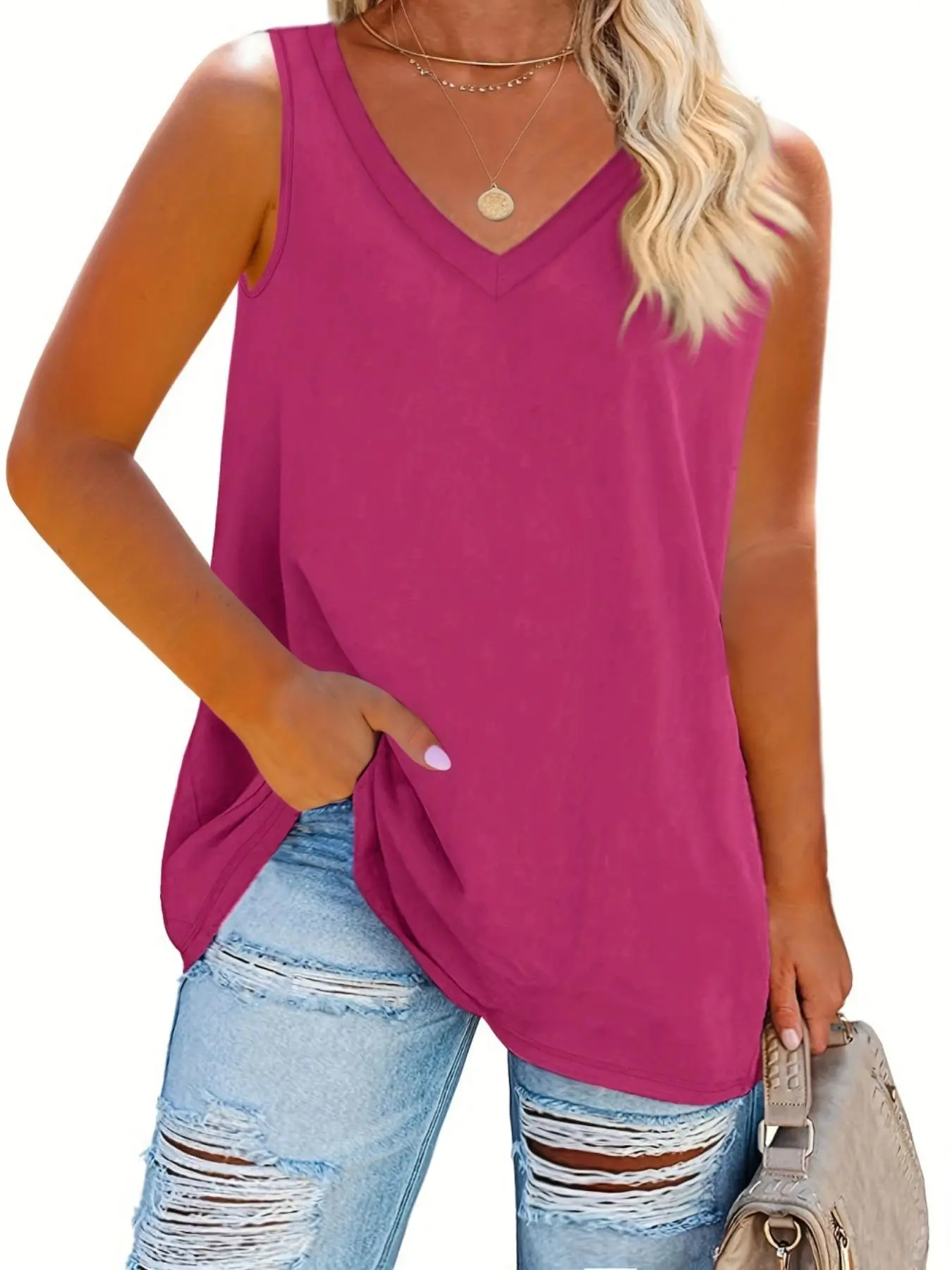 Plus Size Solid V Neck Tank Top, Casual Sleeveless Top for Summer, Tank Tops for Women, Women's Plus Clothing for Daily Wear, Back to School Clothes