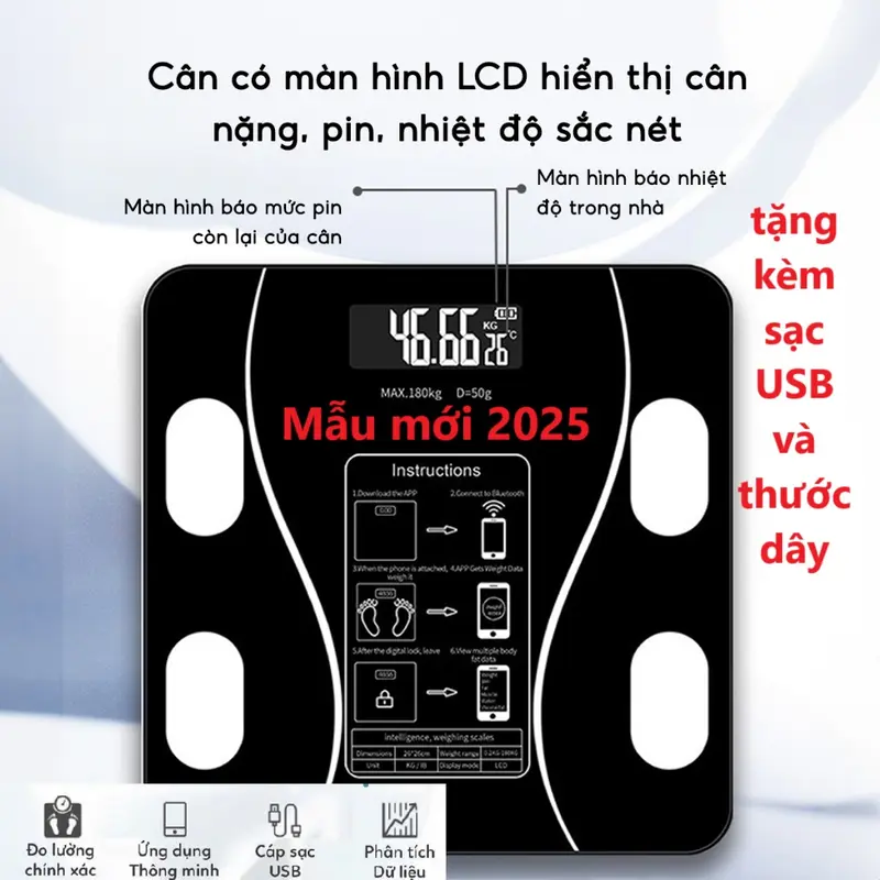 Cân Điện Tử Thông Minh 18 Chỉ Số - Kết Nối Bluetooth - Sạc USB - Màu Đen | Tặng Thước Dây + Cáp Sạc, cân điện tử tốt , cân điện tử chính xác ký cân điện tử đo chỉ số cơ thể