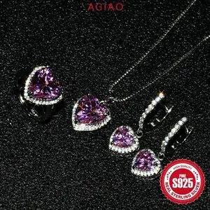 AGIAO Liontin Berlian Merah Muda Berbentuk Cinta Baru Set Kristal Bubuk Berlian Penuh Mewah Cincin Terbuka Anting-anting Kalung Wanita