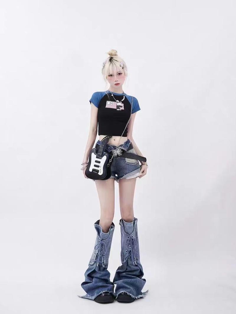 Product Introduction of Đồ Giữ Ấm Chân Mùa Hè, Phong Cách Y2K Millennial Subculture Denim, Màu Gradient Buộc Dây Phong Cách Đường Phố Cô Gái Nóng Bỏng, Thiết Kế Loe Và Xếp Chồng, Vớ 1