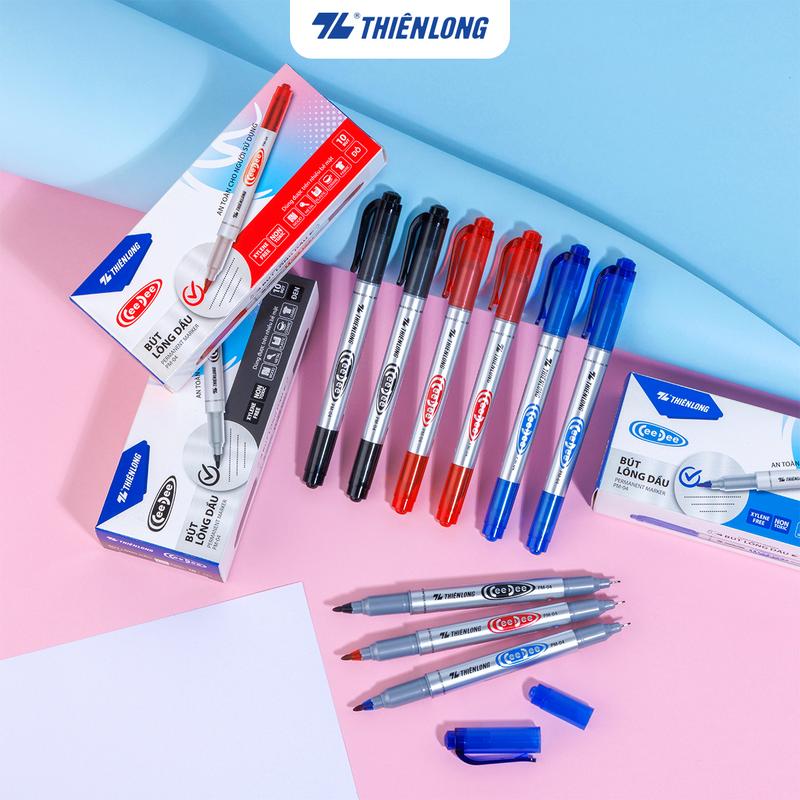 Combo 5/10/20 Bút lông dầu 2 đầu bút Thiên Long PM-04 bám dính tốt trên các vật liệu: Giấy, gỗ,nhựa, thủy tinh, gốm, sứ