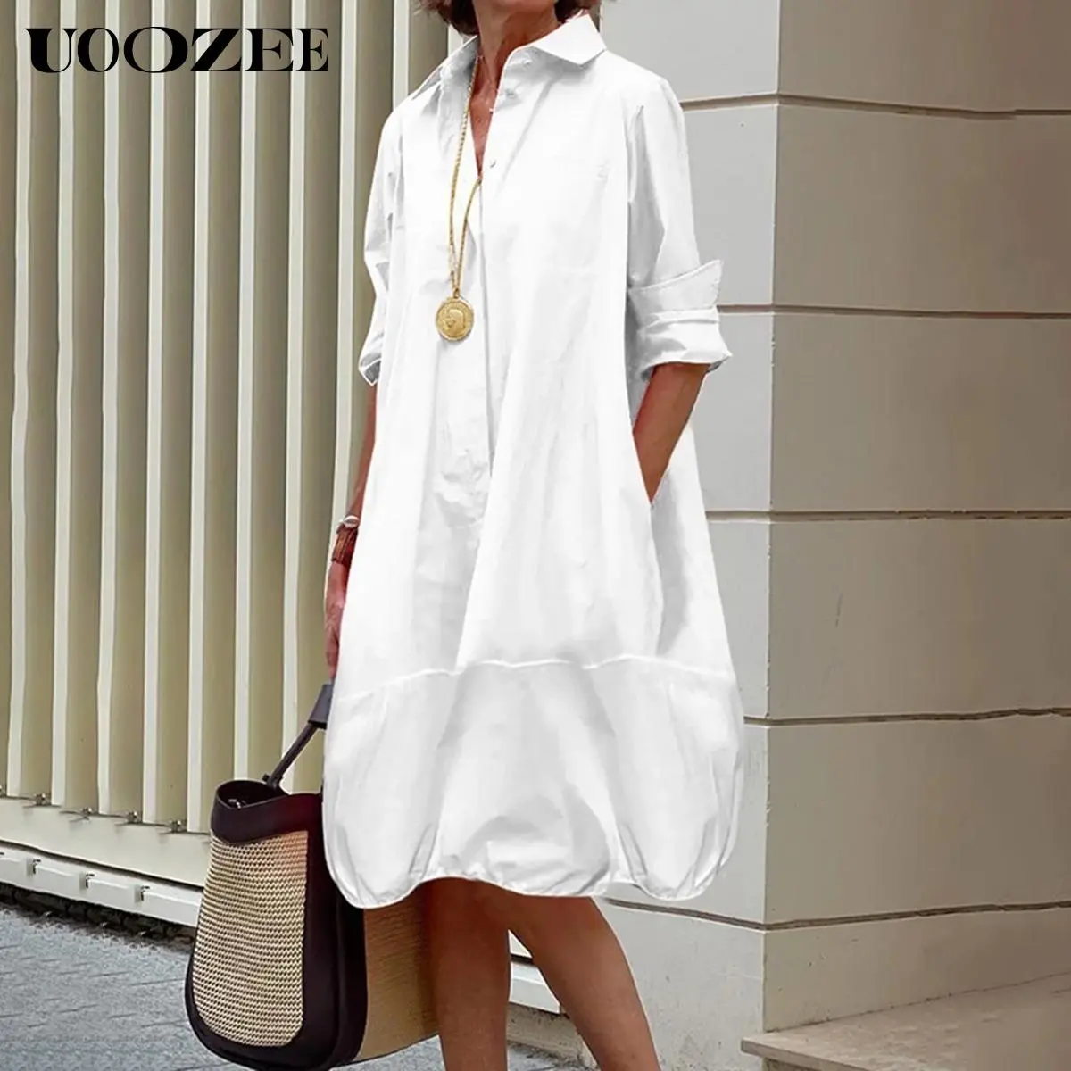 UOOZEE Women's Long Sleeves Loose Solid Color Lapel Collar Midi Dresses Shirt Dress