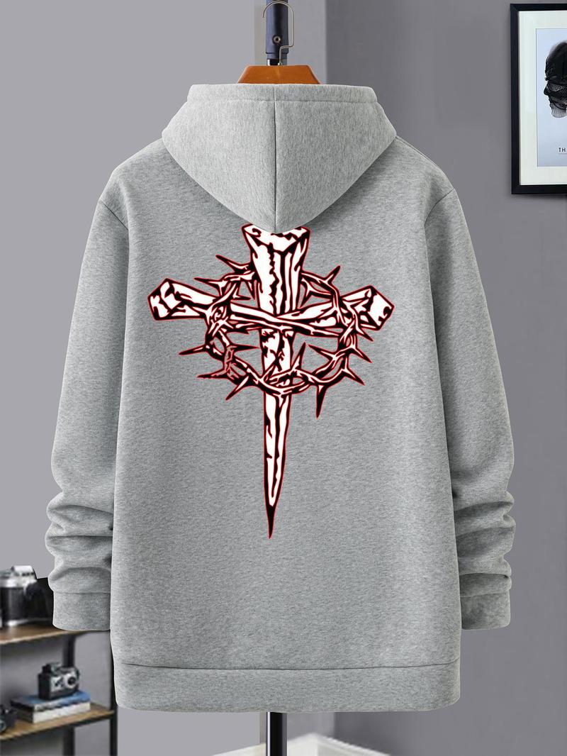 Product Introduction of Unisex's Cross Print Thermal Lined Hoodie, Casual Regular Fit Long Sleeve Hooded Sweatshirt for Fall & Winter, Men's Top for Daily Wear 4