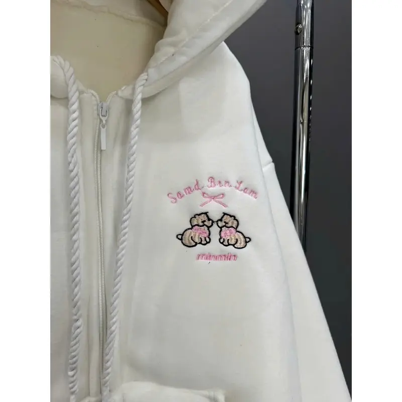 Áo khoác nỉ  hoodie zip nữ hoạ tiết  cún nổi bật mũ phối tai   kem nơ cực xinh Top Womentop 2025 6