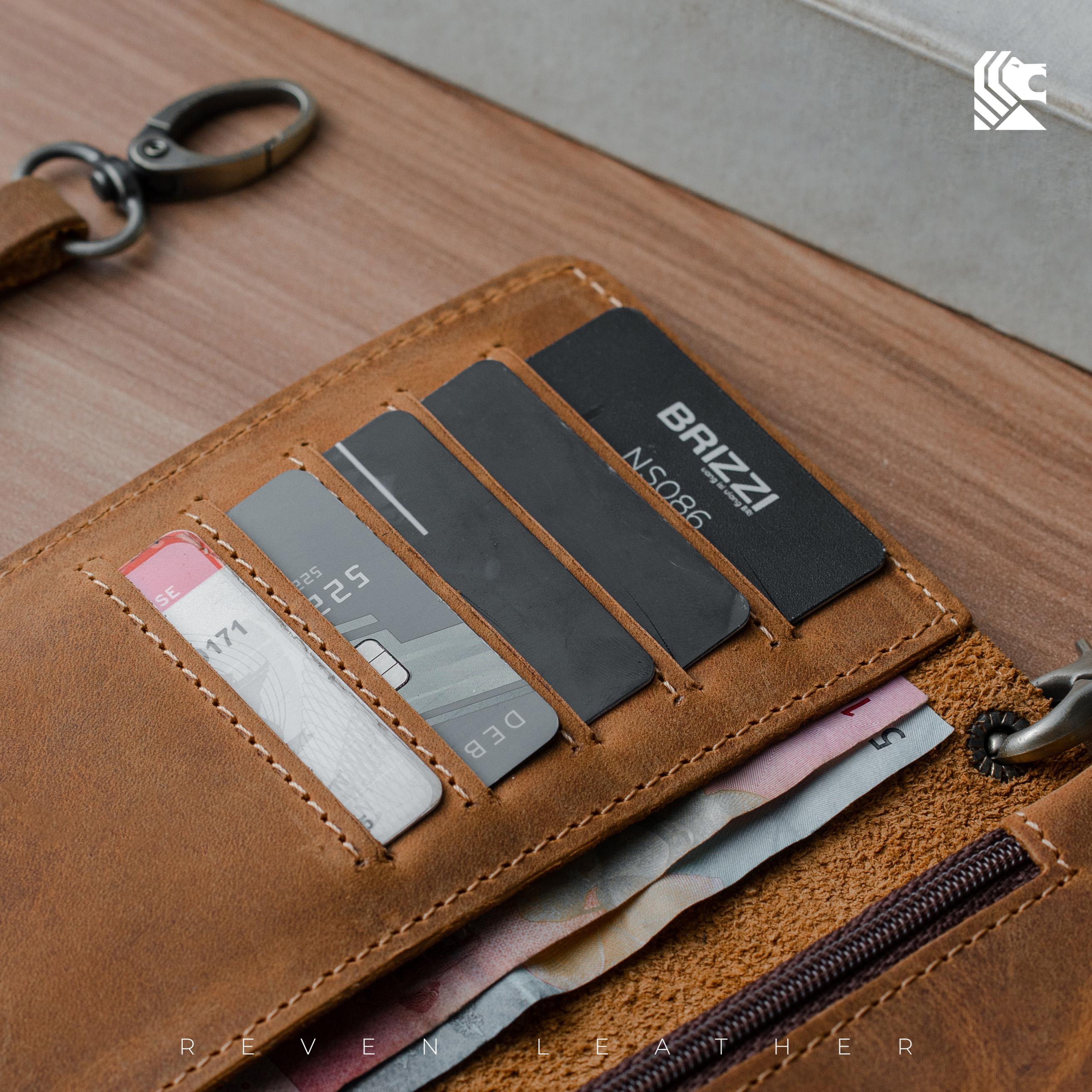 REVEN Bontage Dompet Panjang Lipat 2 Pria Kulit Asli Crazy Horse Klasik Keren Total 9 Slot Ruang Koin Resleting Kancing Klip Pouch HP Rantai Pengaman Untuk Motoran Gaya Cowok