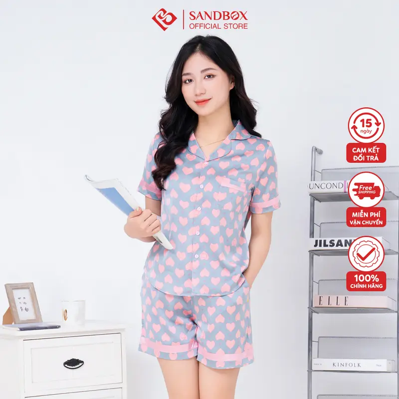 Bộ mặc nhà nữ SANDBOX bộ Pijama ngắn tay quần đùi chất lụa mềm mại, trẻ trung BLD23004 -2 Nhung Áo Ngủ Quần Ngủ Women Nho 5
