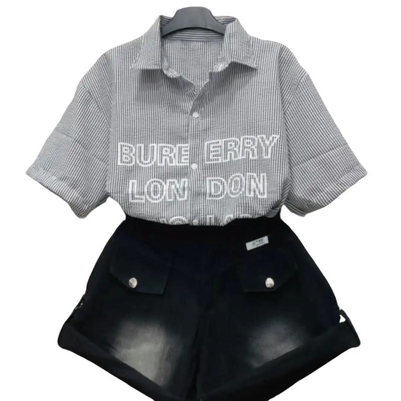 Set áo sơ mi đũi in chữ mix quần jean gập gấu xám khói cho Nữ Women Top