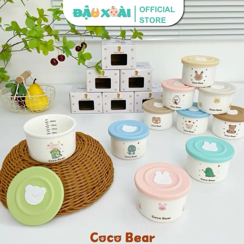 ( MỚI)  Hũ sứ chia vạch nắp silicone thoát hơi Coco Bear trữ cháo đồ ăn dặm cho bé Kem chen  dam cốc  nấu 1