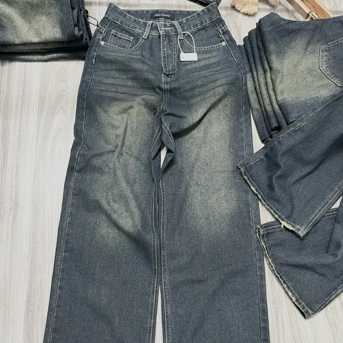 (S-2Xl)HHCHOU-Quần Jeans Suông Trơn Màu Đậm Có Phủ Dơ Vải Qc mềm có 2 chiều dài 103cm và 95cm H3344 Women Pants | BigBuy360 - bigbuy360.vn