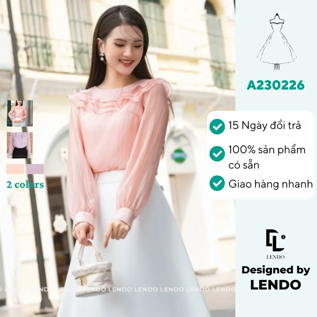 Áo Cổ Bèo 3 Lớp, Áo Sơ Mi Nữ Dài Tay LENDO A230226 Top Cổ Tròn