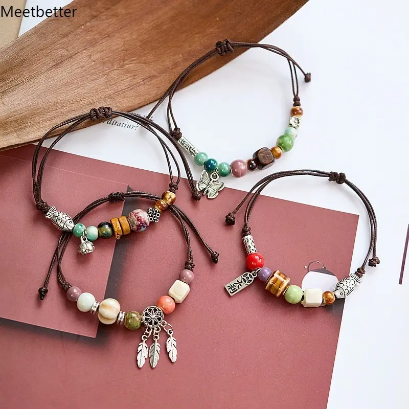 Gelang Tenun Keramik Cina Baru Gelang Kupu-kupu Teratai Manik-manik Antik Untuk Gelang Wanita