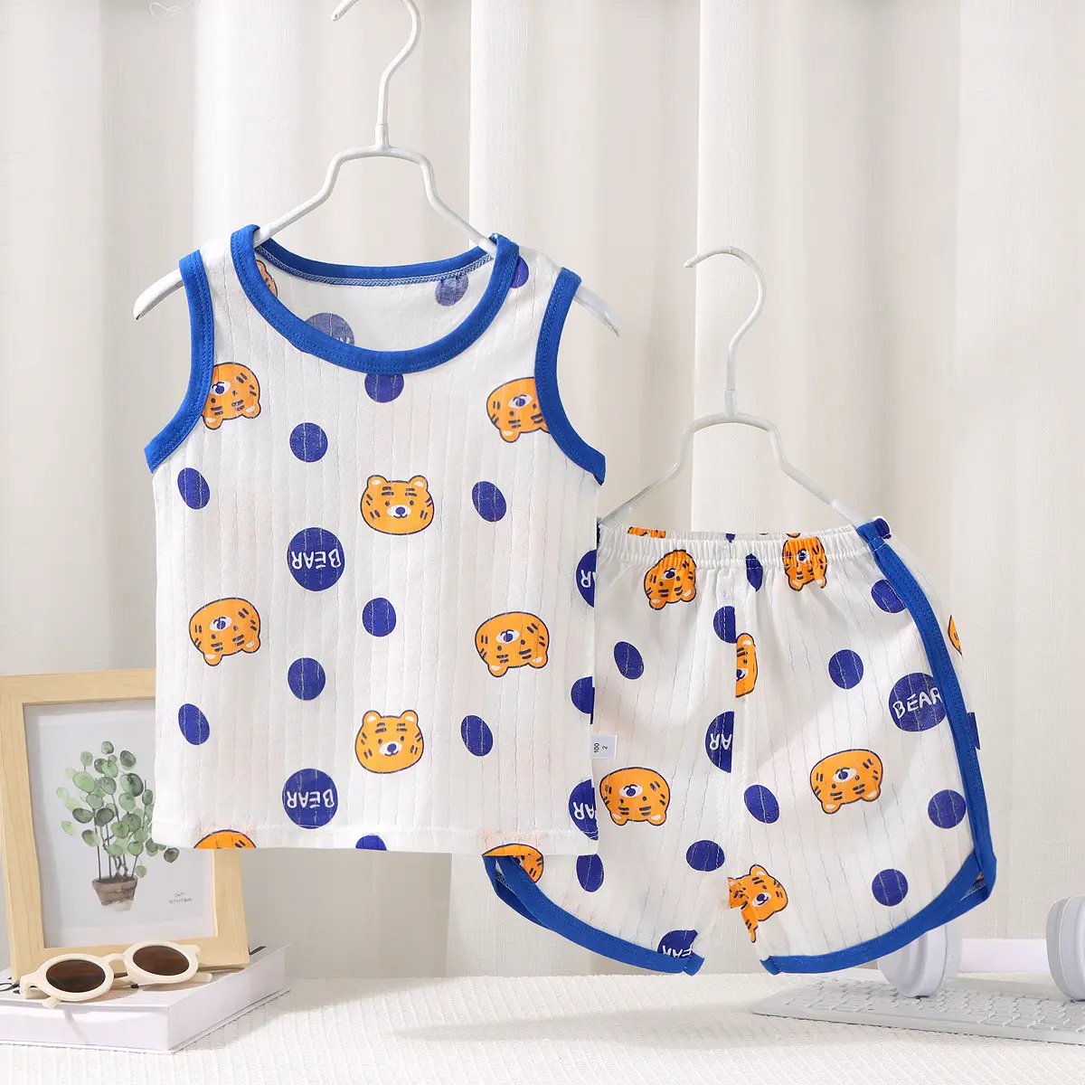 Summer Toddler Girl Solid Cotton Clothes Baby Boy Cartoon Short Sleeveless T-shirts and Shorts 2pcs Set Children Fashion Outfits