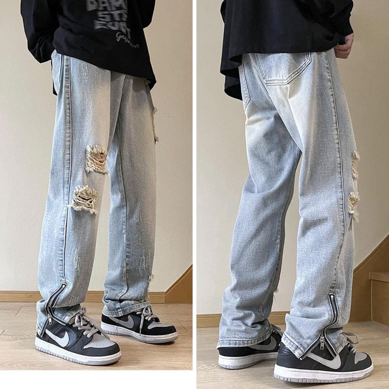 Quần jean ống rộng rách gối khoá ripper retro có khóa ở chân XESINU Menswear Nam Jean Pants