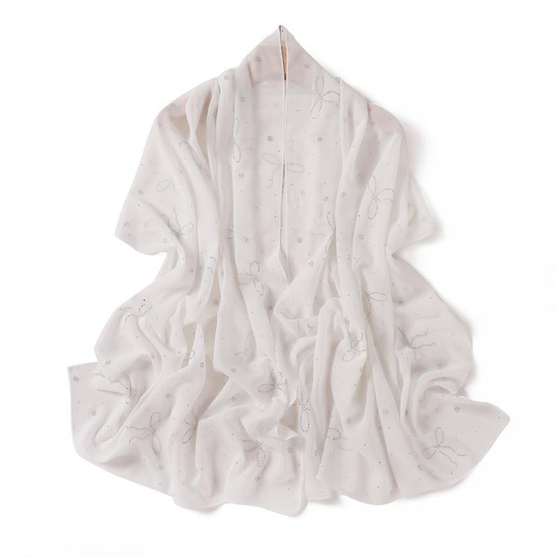 Product Introduction of High-End Heavy Craft Bowknot Rhinestone Solid Color Chiffon Long Scarf Full Rhinestone Shawl Headscarf Cape Scarf Silk Scarf for Women 8