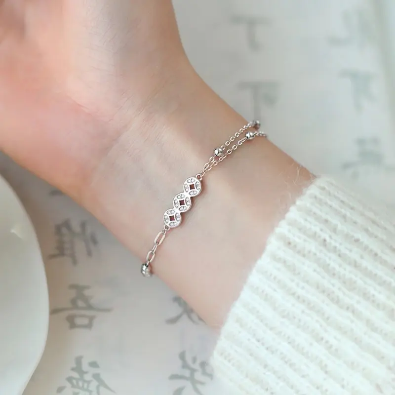 Vòng Tay Đồng Tiền Xu Đồng, Hạt Tròn May Mắn, Phong Cách Trung Quốc Cổ Đại Mới Của Trung Quốc, Phong Cách Cá Tính, Phong Cách Ngầu Đồ Trang Sức Cầm Tay Quốc Gia Cao Cấp, Dành Cho Bạn Gái 1