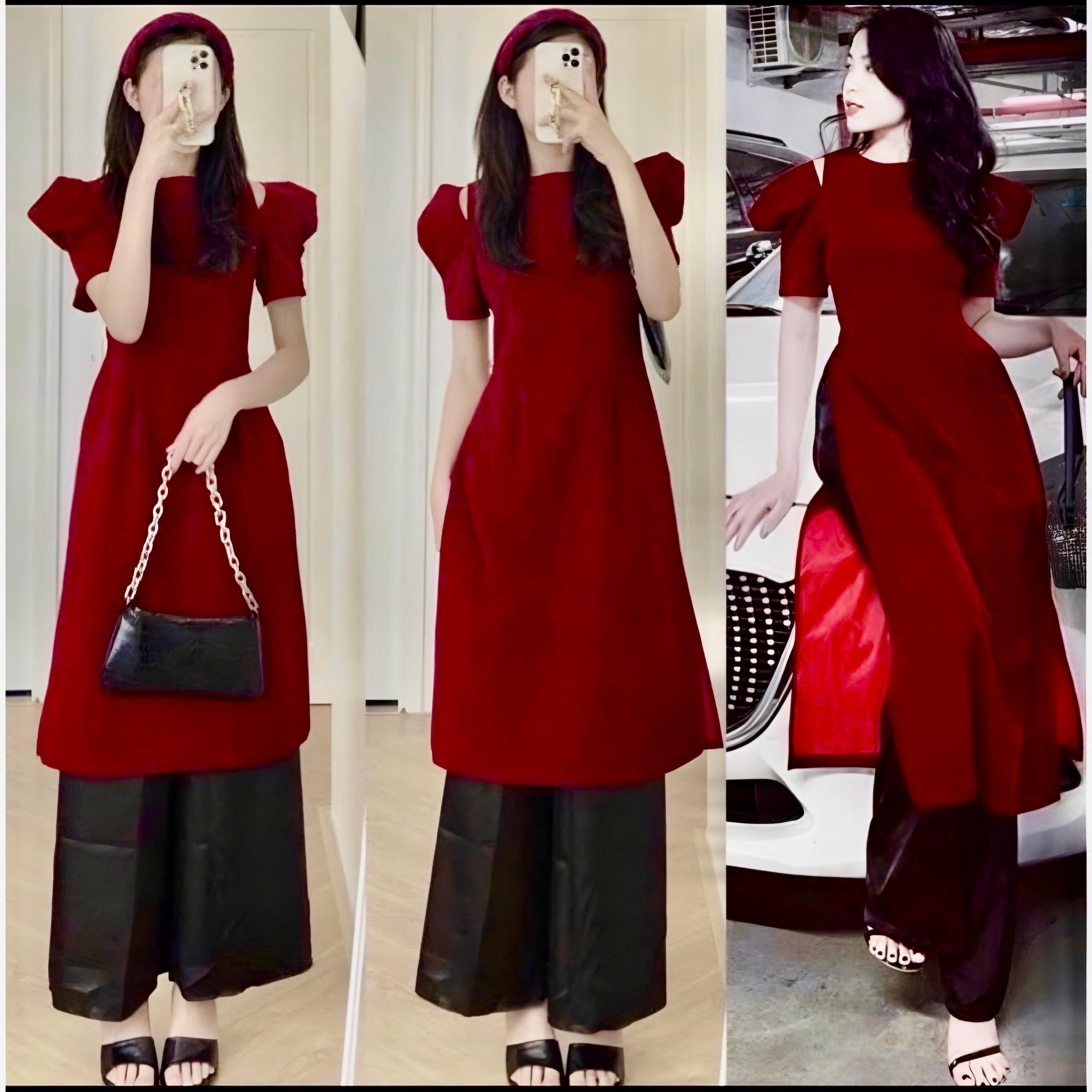 Áo Dài Cách Tân Béo Xinh Bigsize Xẻ Vai Dễ Thương Cho Các Nàng 50-100Kg Nữ Women Dress Voan Đỏ - A.1269