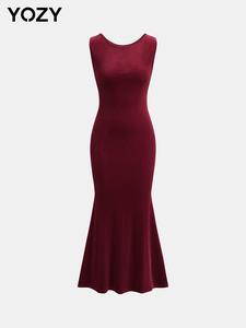 YOZY Women's Plain Ruched Backless Mermaid Dress, Elegant Sleeveless Round Neck Long Dress for Party Dating Wear, Ladies Clothes for All Seasons