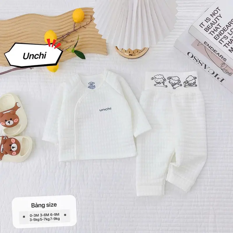 Bộ quần áo trần bông bé trai bé gái sơ sinh Unchi in hình cạp quần chất trần bông dầy ấm giữ nhiệt cho bé 3