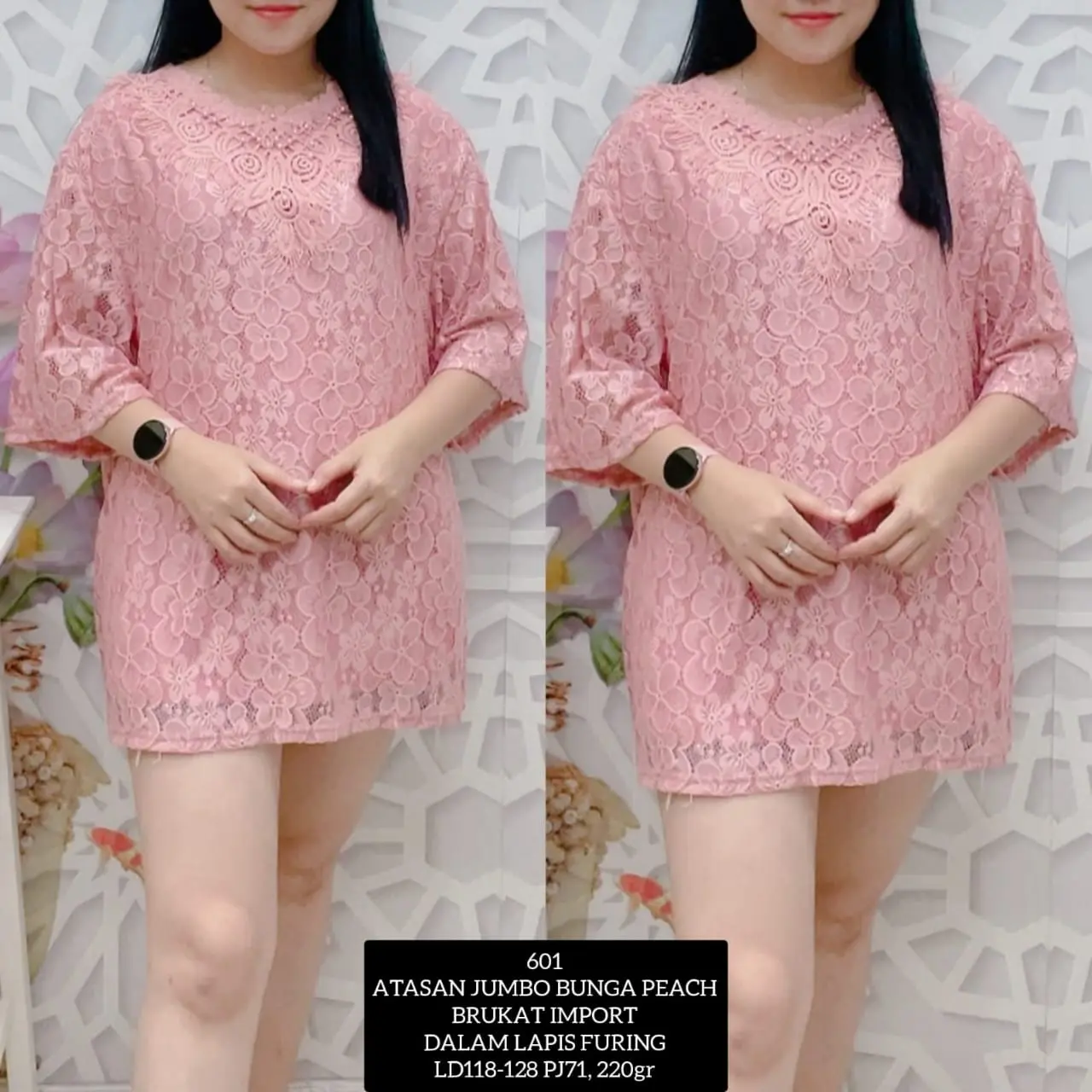 KLV Atasan Blus Brokat Wanita Jumbo Import Lengan 3/4 - 601