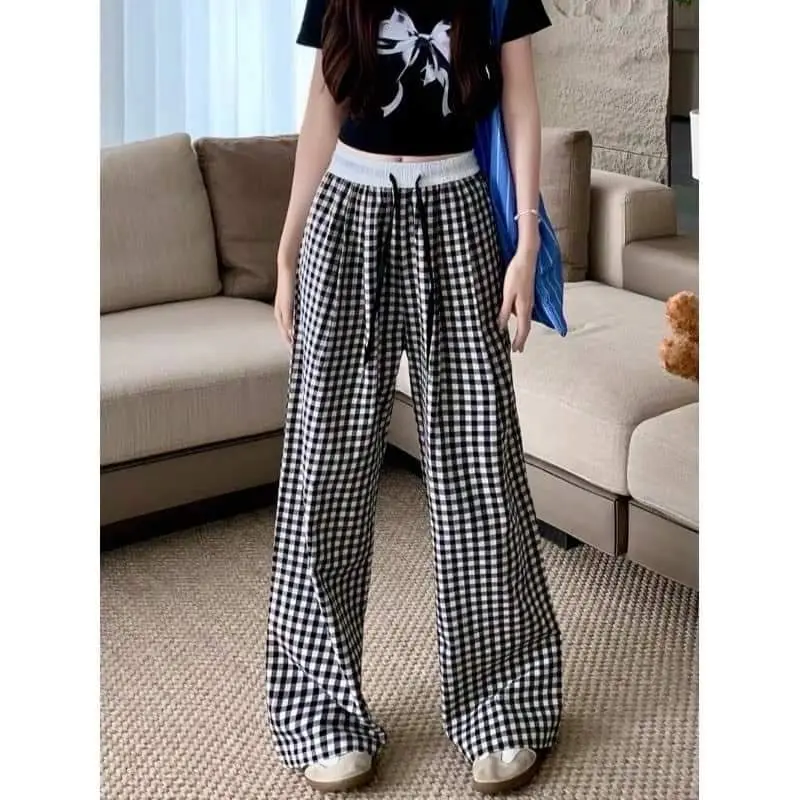 Quần ống kẻ vuông cạp phối trắng 3 màu Nhung Nữ Women Ong Kem Voi quần  ống suông dài Pants