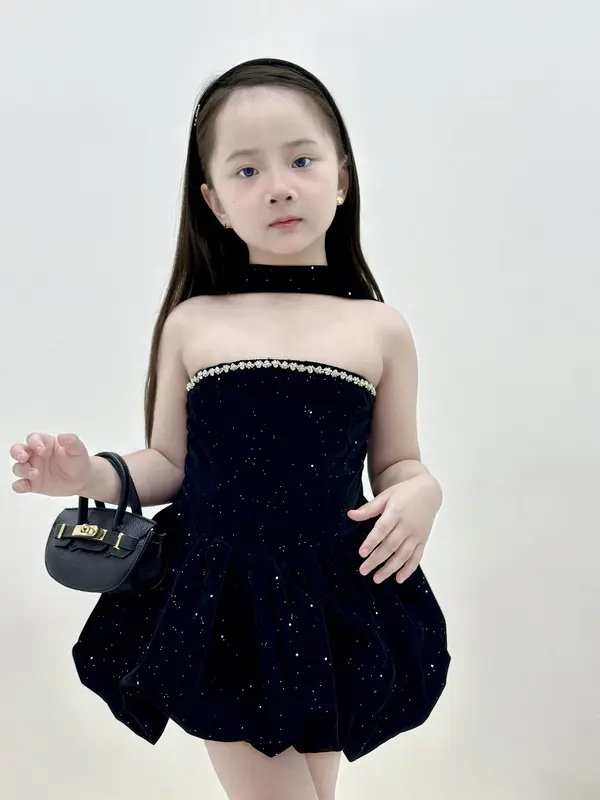 [10-42kg] Đầm bí nhung đen kim tuyến viền đá siêu sang chảnh cho bé gái váy mặc đi tiệc begai công chúa tiểu thư 3