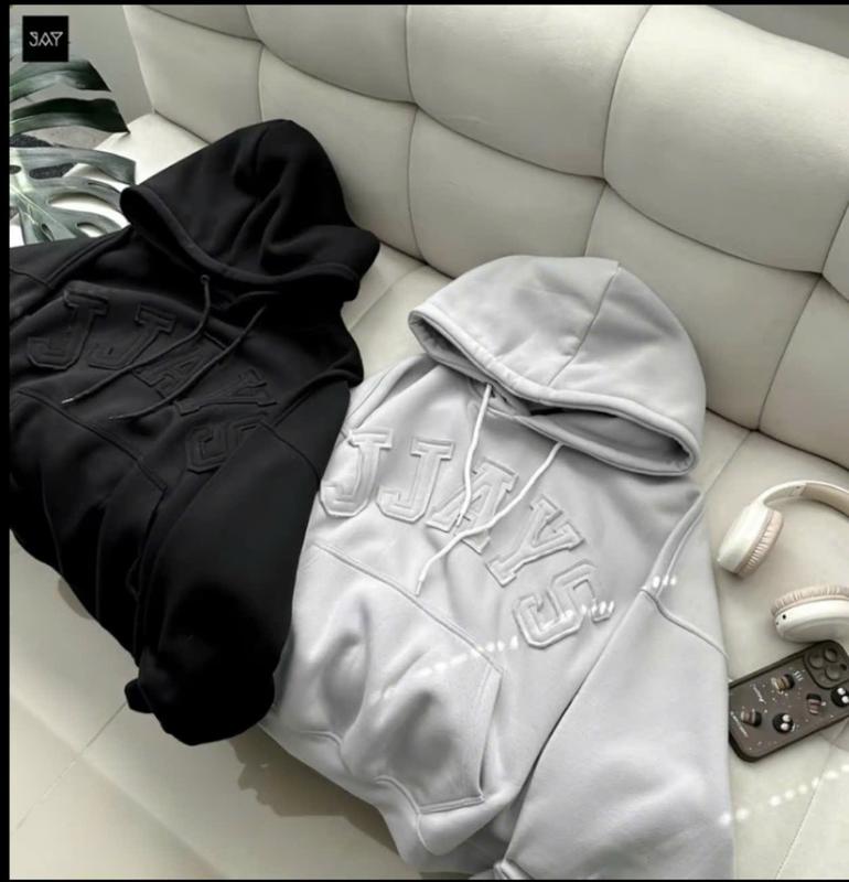 HOODIE BOXY - Áo khoác hoodie form ngắn thêu đắp vải JJAYS form rộng mũ to nam nữ unisex màu XÁM TRẮNG/ CHÌ /ĐEN