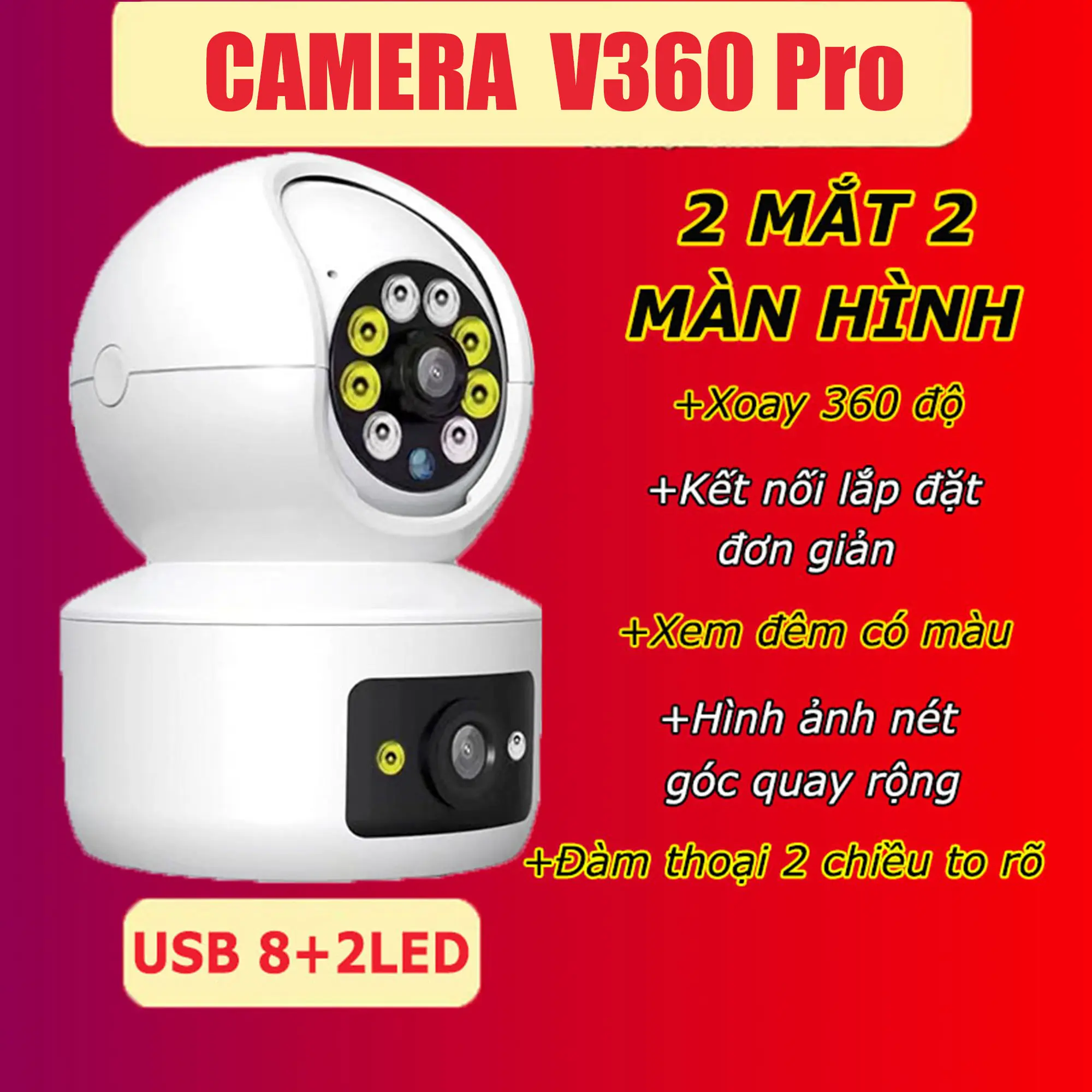 Camera Wifi CCTV 360 độ FHD 2MP 8LED 2 MẮT 2 MÀN HÌNH