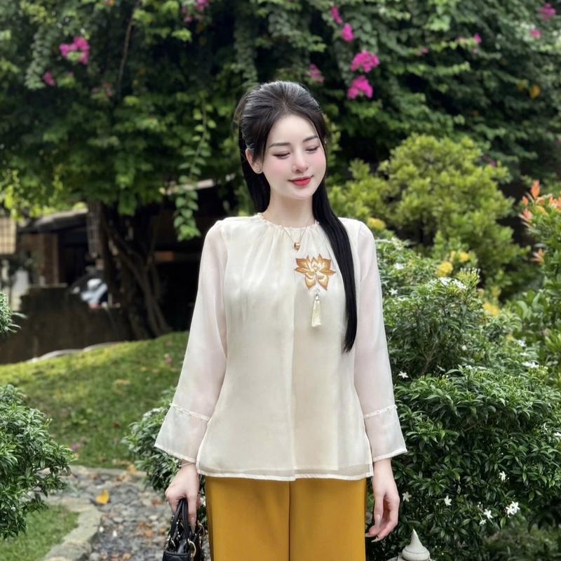 Lẻ áo lụa tơ thêu sen đính ngọc có tặng kèm charm -Pháp phục Hà Anh ( áo kèm quần) Nữ Women 7