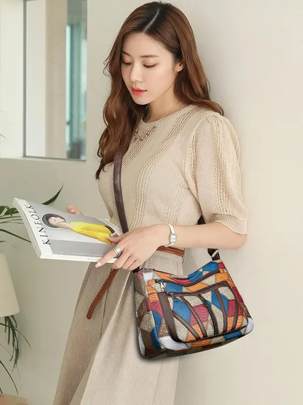 Women's Fashionable Patchwork Design Shoulder Bag, Casual Large Capacity Zipper Crossbody Bag for Work & Daily Used, Trendy Versatile Daily Commuting Bag 4