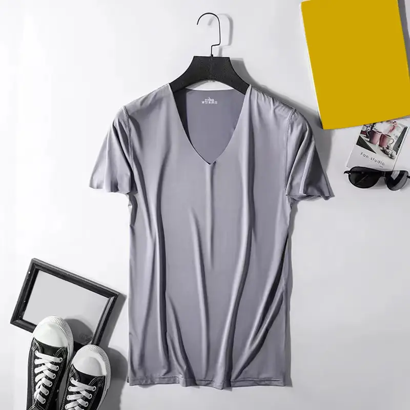Áo Thun Mùa Hè Cho Nam, Cổ Chữ V, Lụa Lạnh Mỏng, Màu Trơn Co Giãn Mỏng, Áo Chui Đầu Dài Trung Bình Thấm Hút Mồ Hôi, Nhanh Khô, Thích Hợp Cho Thể Thao Và Thể Dục, Hàng Đầu 2