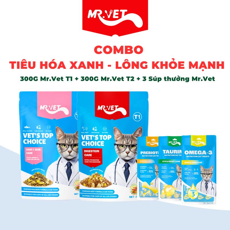 [COMBO TIÊU HÓA XANH - LÔNG KHỎE MẠNH] Thức ăn cho mèo Gói 300g Mrvet T2 + Gói 300g Mrvet T1 + 3 Súp thưởng dinh dưỡng mix dành cho mèo mọi lứa tuổi với topping thịt sấy lạnh gan gà, thịt tươi, lòng đỏ sấy