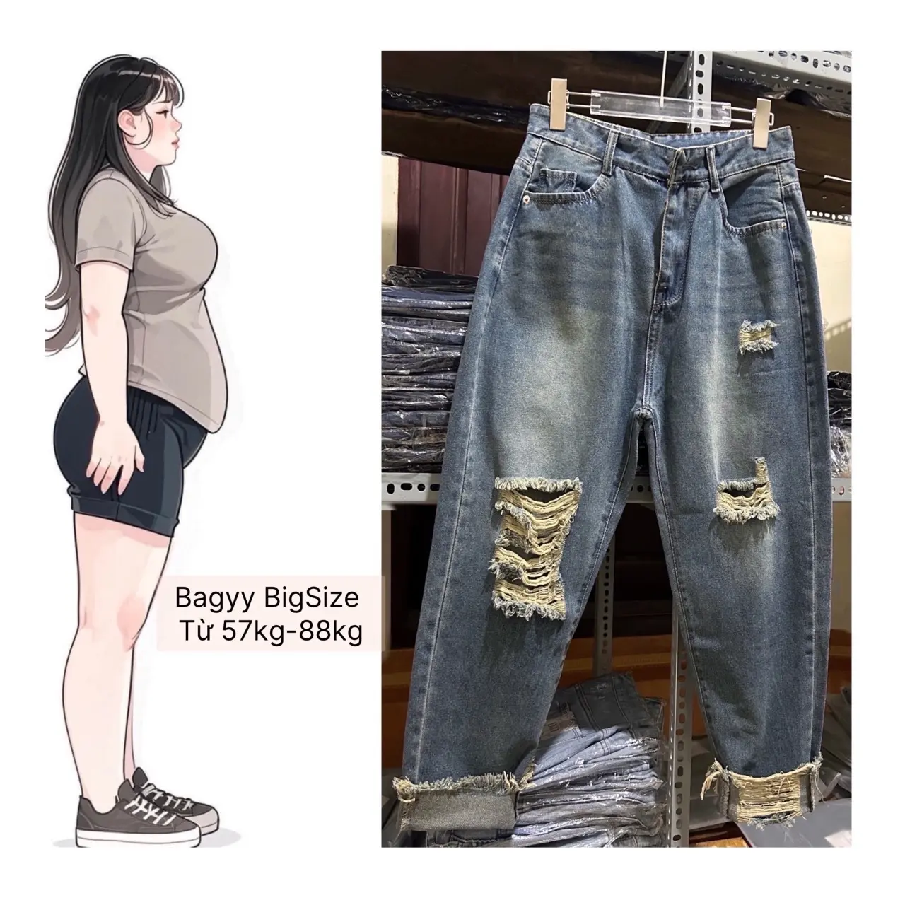 (Từ 57kg-88kg) Quần Baggy Nữ BigSize Rách, Lai Tua, Lưng Cao Trên Rốn, Không Co Giãn Denim Pants Women
