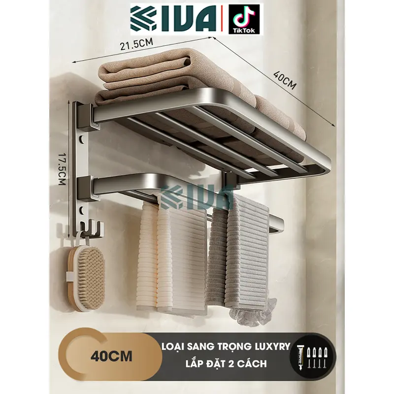Kệ nhà tắm màu xám KIVA, chất liệu nhôm hàng không, lắp đặt dán tường, khoan tường, bảo hành 10 năm. 5