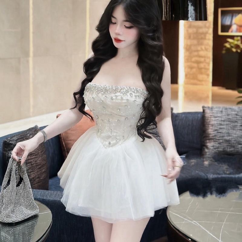 Váy thiết kế - váy quây kim sa đính đá phối lưới công chúa dáng ngắn trên gối NQ206 Nữ Women