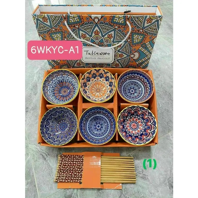 Bát ăn cơm 6 món kèm đũa mạ vàng và hộp đựng,  Bộ chén dĩa, Chén sứ, Bộ 6 bát ăn cơm viền vàng cao cấp 7