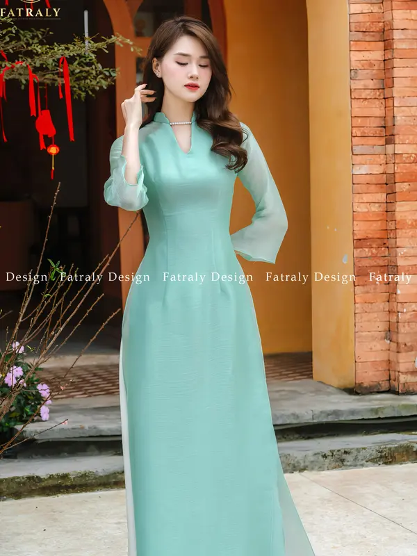 Áo dài nữ Fatraly thiết kế 4 tà màu xanh vải tơ lót lụa cao cấp 2