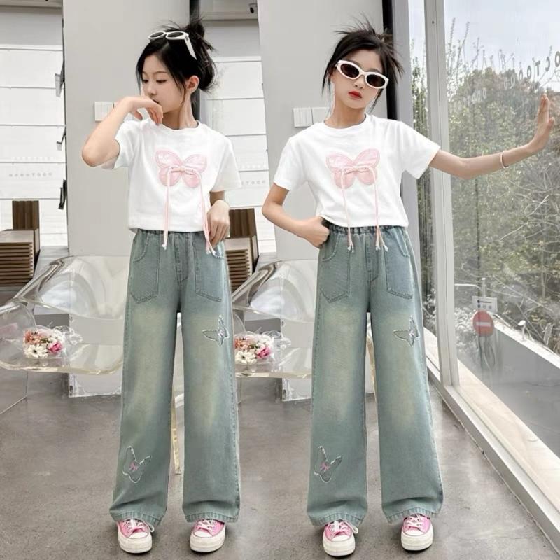 Set Áo Phông Nơ Mix Quần  Jean Xuông Dài Phong Cách Năng Động Cho Bé Gái yếm chobe gai xinh