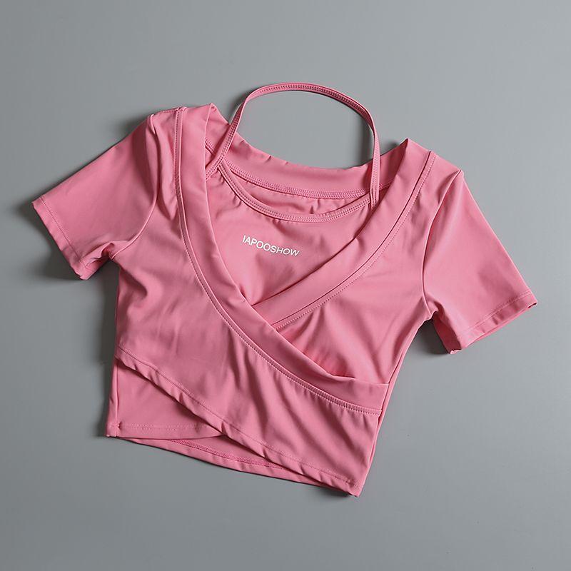 Product Introduction of Áo Crop-Top, dành cho nữ, ngắn Tay, bó sát, hai mảnh giả, thích hợp cho tập luyện, chạy, tập luyện, Yoga, áo phông với đệm ngực 10