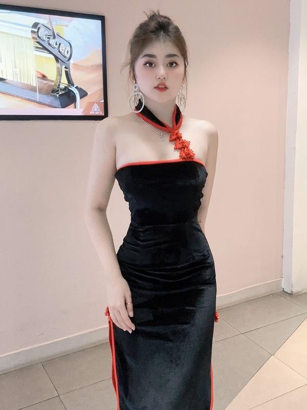 Đầm sườn xám cúp ngực hở lưng (có ảnh khách) siêu cưng Hienphamstore 8469B Nữ Women  Dress Nhung Đen