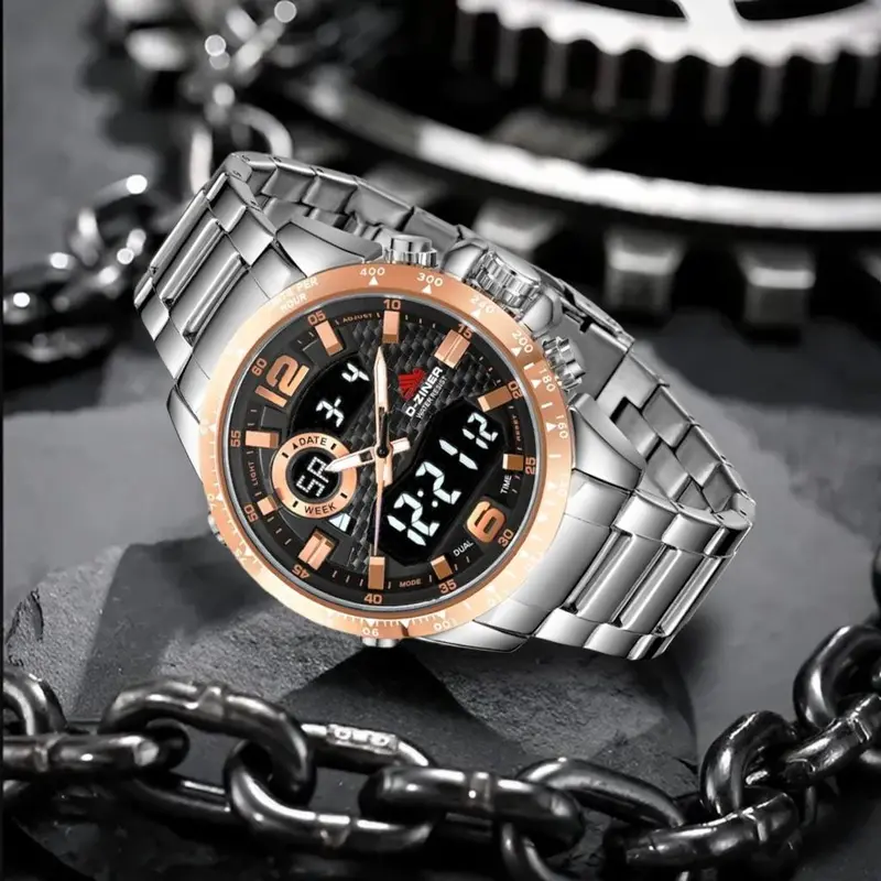 DISKON Jam tangan Pria 8306 Double Time Rantai Stainless Steel Water Resistant 3 ATM Kaca Watches 6
